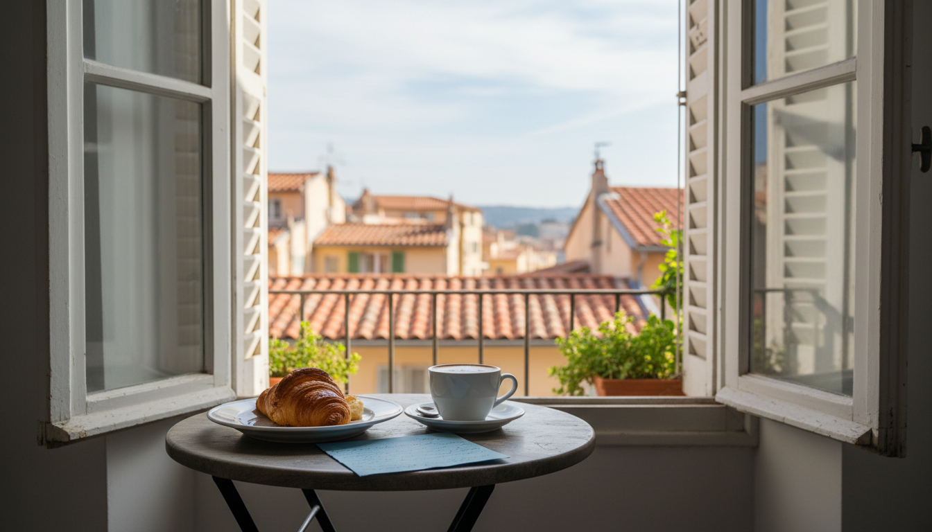 Early morning light streaming through shuttered windows onto a small bistro table with a half-eaten