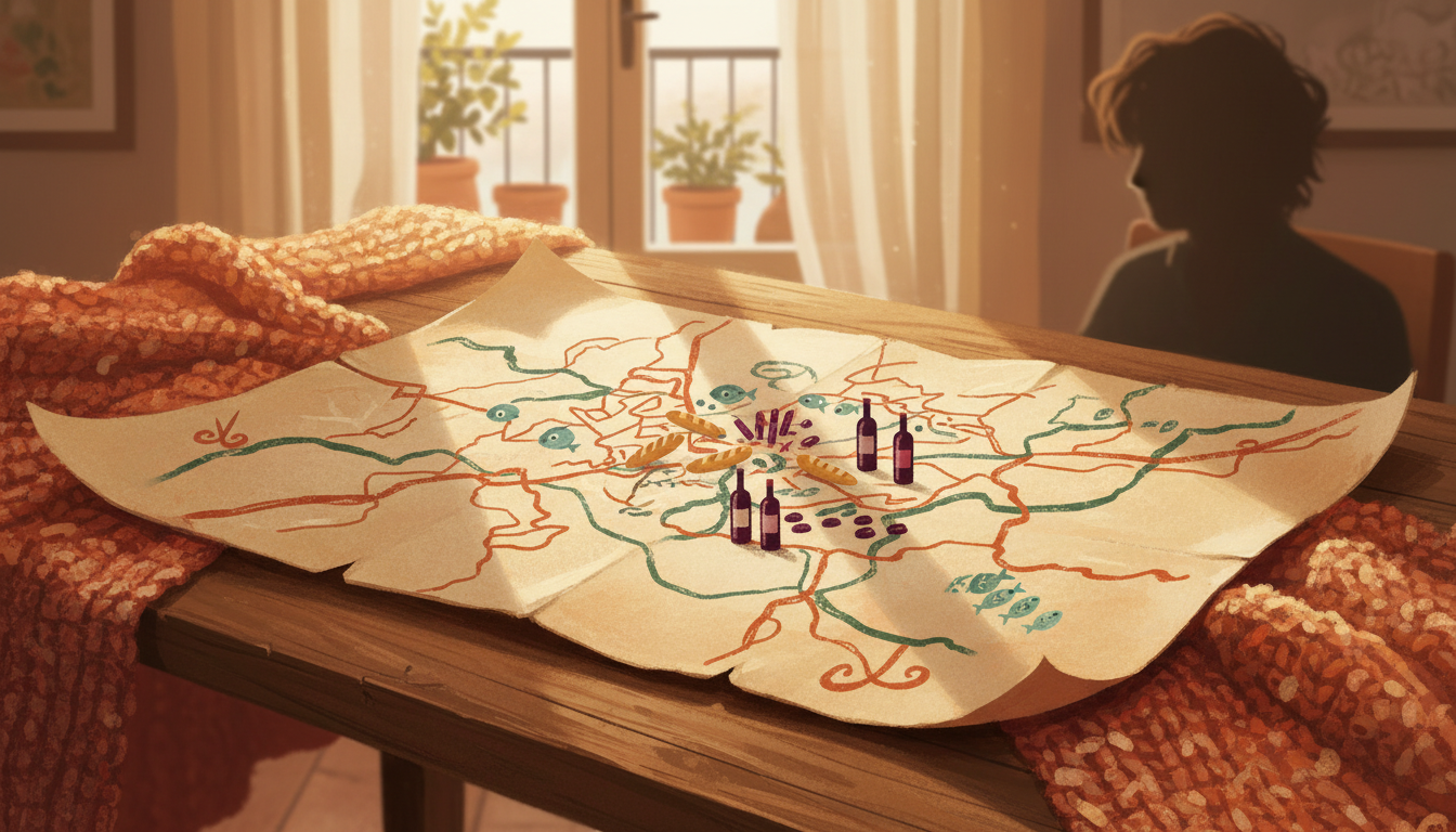 A hand-drawn map on aged paper showing streets of Antibes with annotations in French, small illustra