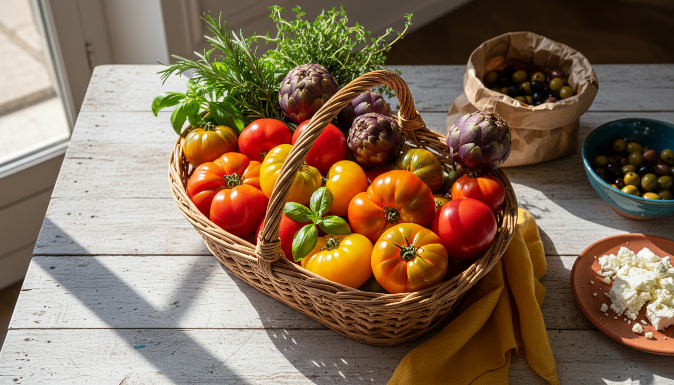 Overhead shot of a woven market basket filled with irregular heirloom tomatoes in various colors, pu