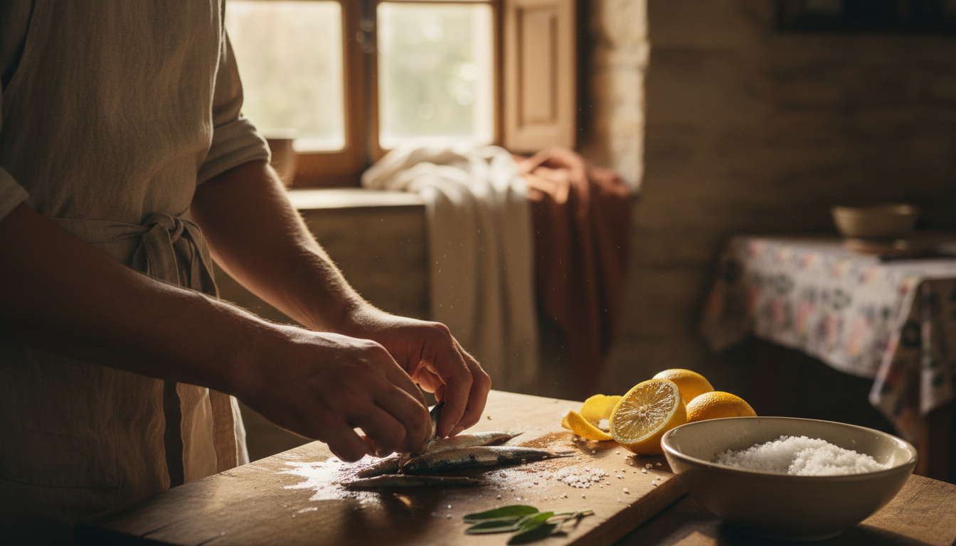 Close-up of hands preparing fresh anchovies on a worn wooden cutting board, a bowl of coarse sea sal