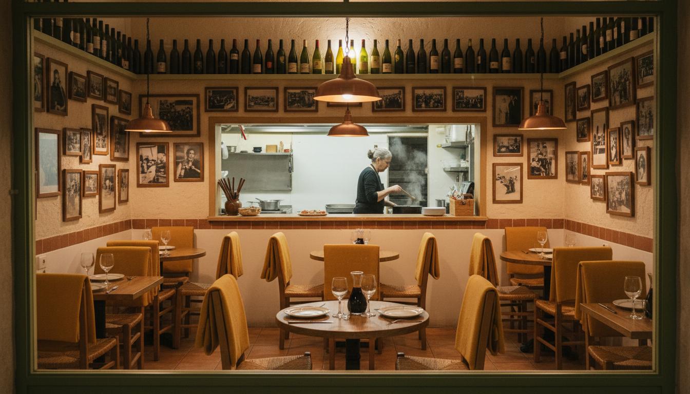 Interior of a tiny, warmly-lit restaurant with maybe six tables, walls covered in old photographs an