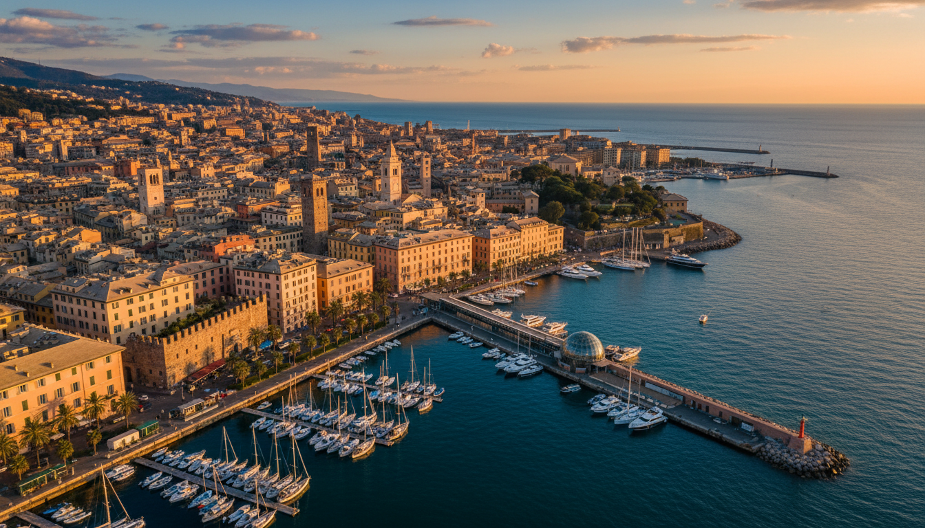 aerial view of Genoas colorful historic center with the old port Porto Antico in the foreground, med