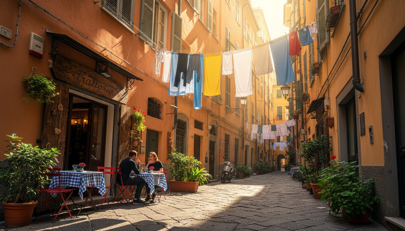 narrow caruggi alleyway in Genoas Centro Storico with laundry hanging between buildings, a small tra