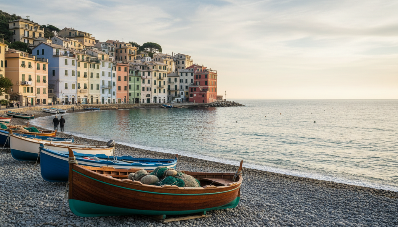 Boccadasses colorful waterfront houses clustered around the small pebble beach, with fishing boats p