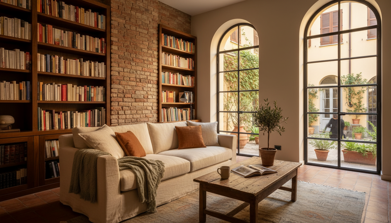 cozy living room in a renovated Genoa apartment with exposed brick, built-in bookshelves filled with