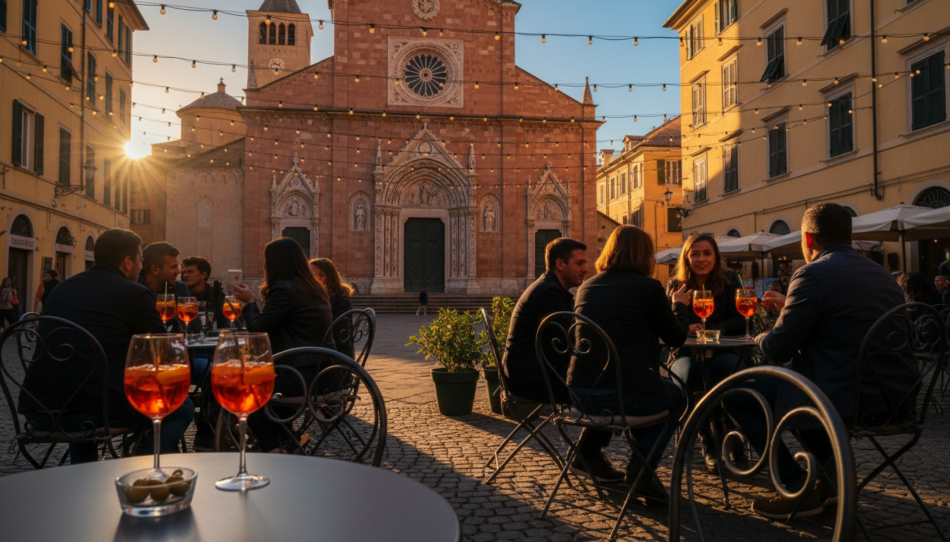 evening aperitivo scene at a small piazza in Genoa, with locals gathered at outdoor tables, warm str
