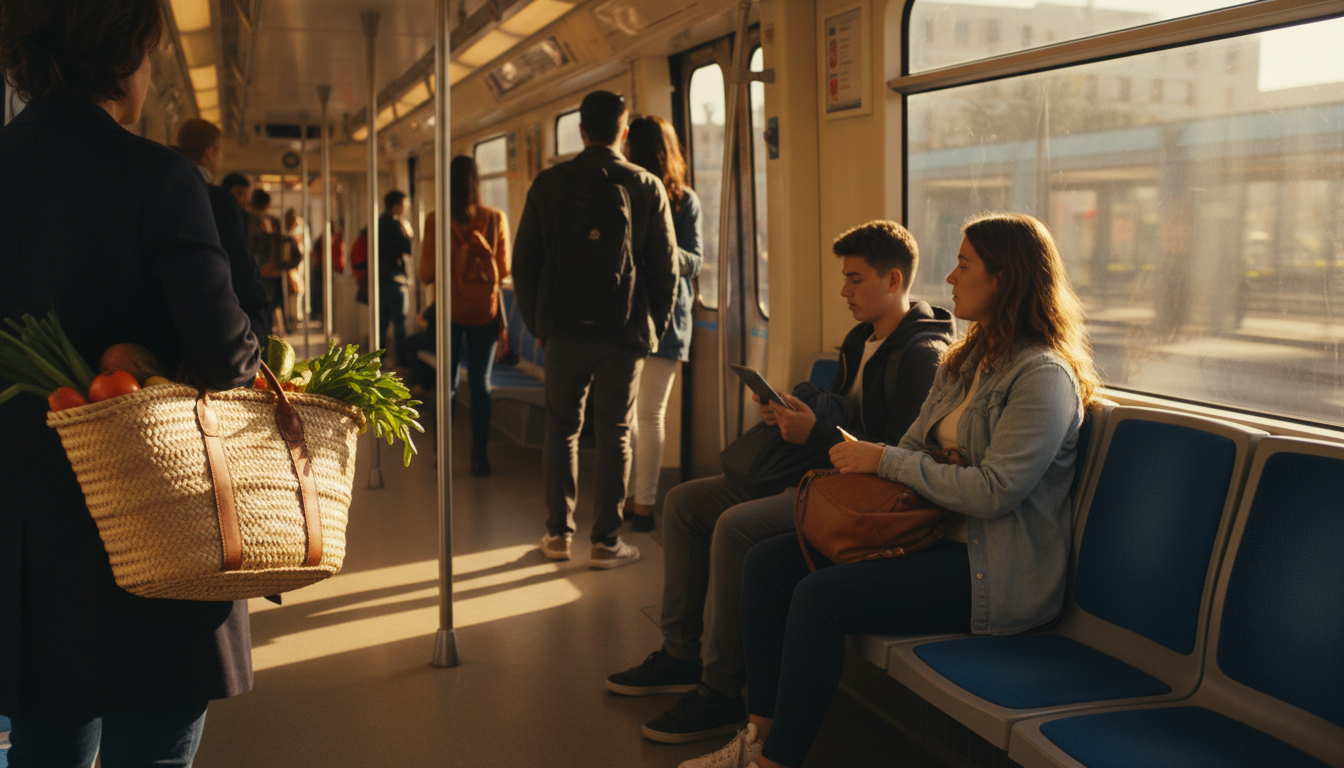 Inside a Marseille metro car, showing the clean blue seats and a mix of commutersa woman with a mark