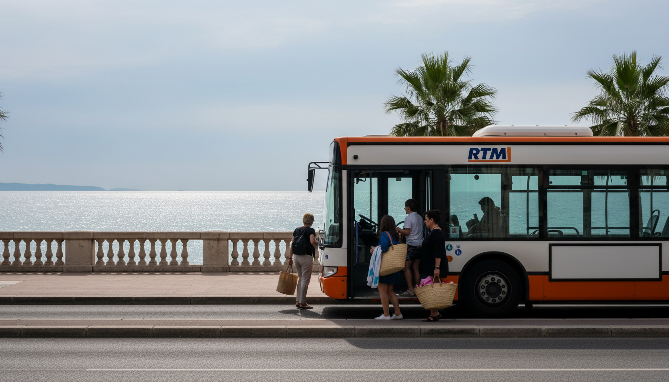 A Marseille city bus orange and white RTM livery stopped along the Corniche Kennedy, the Mediterrane