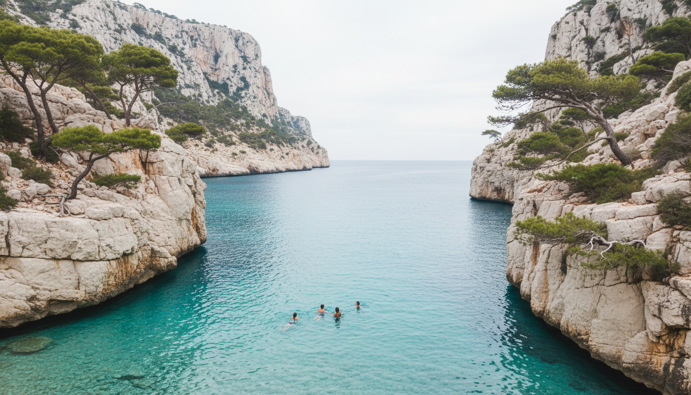 Turquoise waters of Calanque de Sugiton framed by white limestone cliffs, a few swimmers visible in