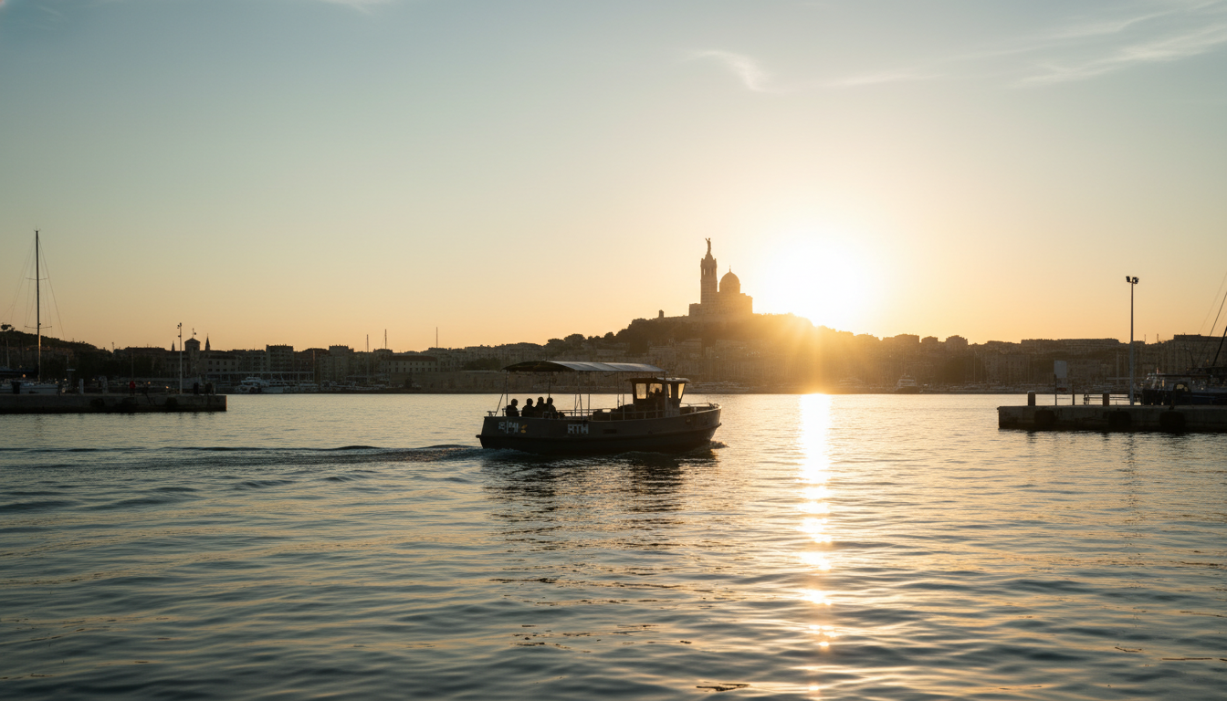 The small RTM ferry crossing the Vieux-Port at sunset, silhouetted against the golden light, the Not