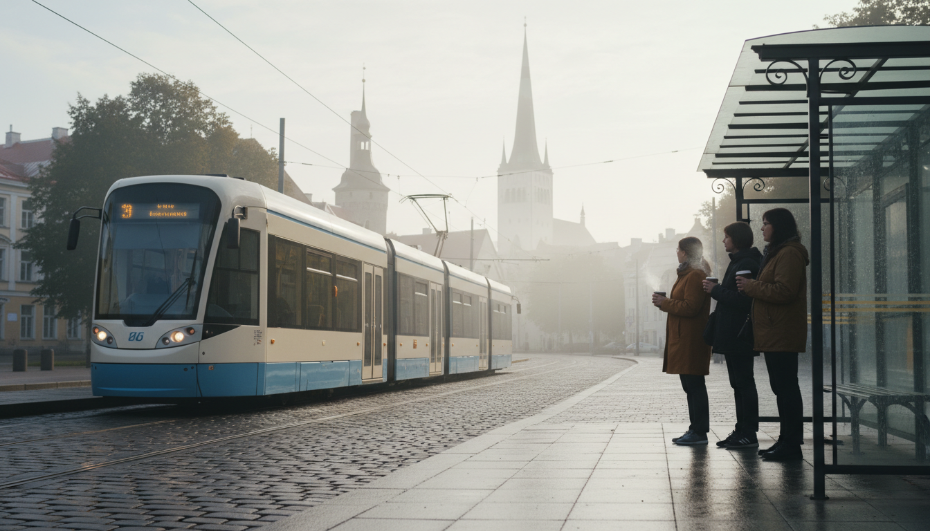 Early morning tram gliding through Tallinns Old Town cobblestone streets, medieval spires in misty b