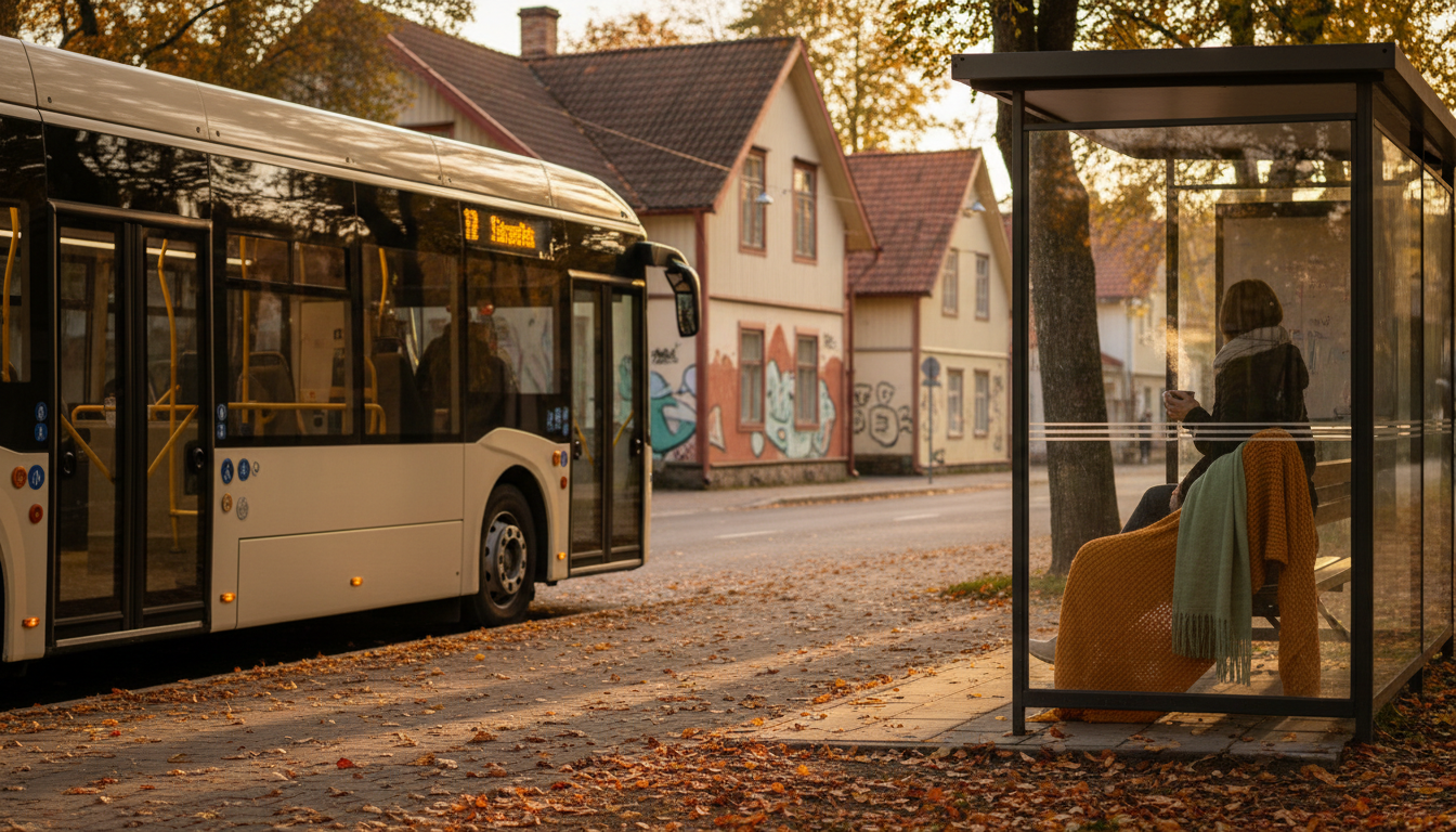 Modern Tallinn bus at a shelter in Kalamaja neighborhood, wooden houses and street art visible in ba