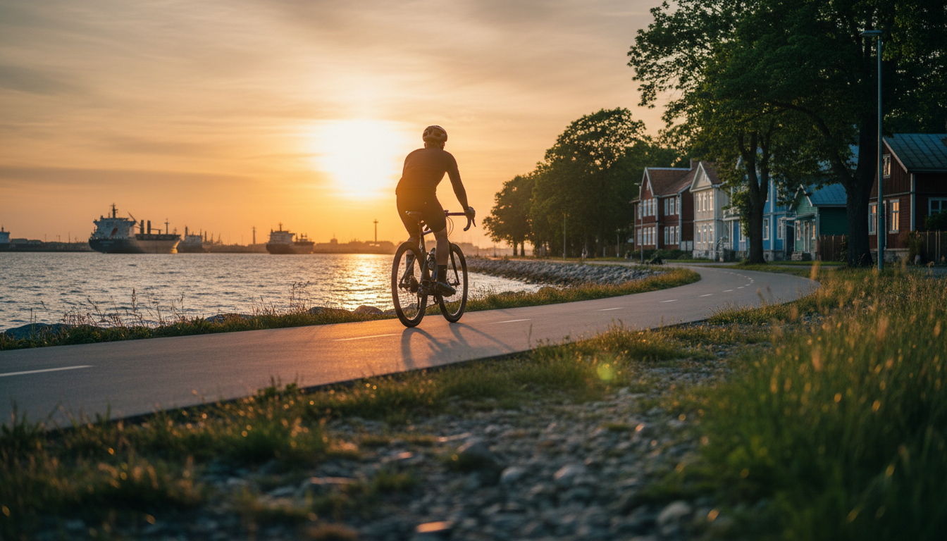 Cyclist on Tallinns coastal bike path at golden hour, Baltic Sea on one side, Kalamaja wooden houses