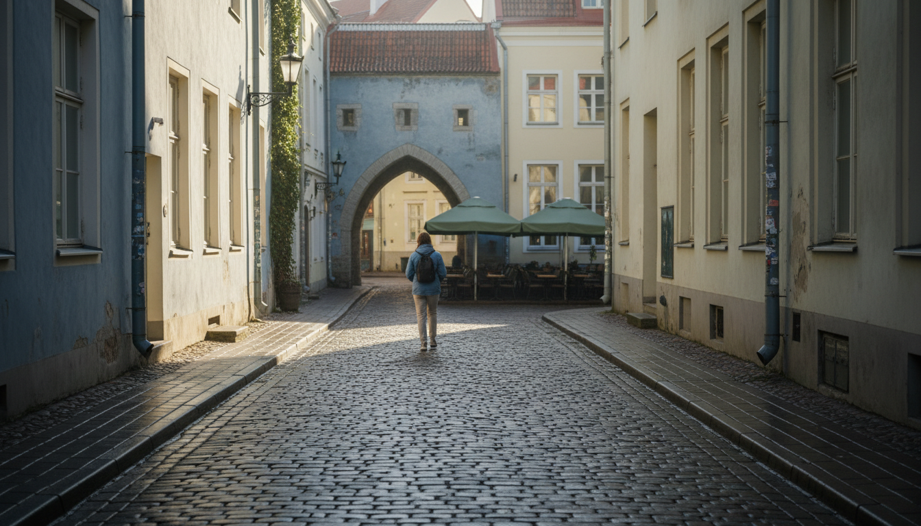 Narrow cobblestone alley in Tallinn Old Town, morning light casting long shadows, a single person wa