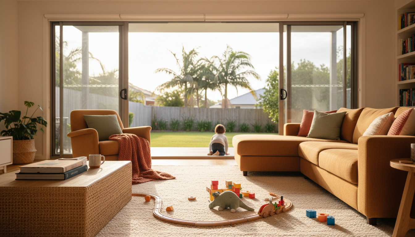 A spacious family living room in a Gold Coast home with toys scattered naturally, sliding doors open
