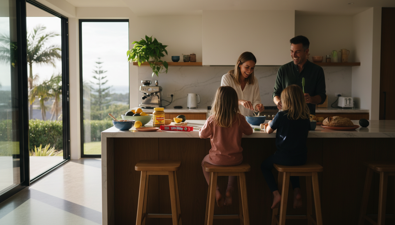 A bright Australian kitchen with a family making breakfast together, kids on stools helping, groceri
