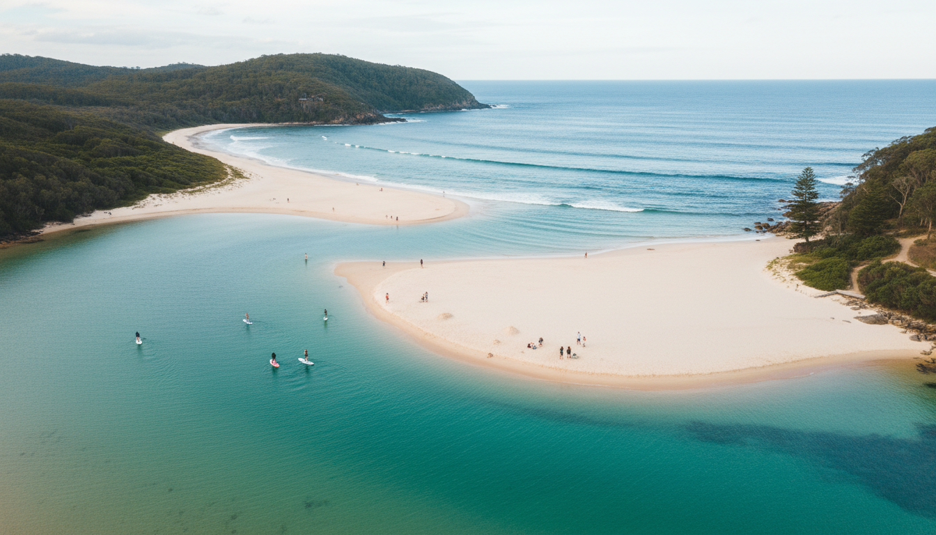 Aerial view of Tallebudgera Creek meeting the ocean, turquoise water, families on the sand, paddlebo