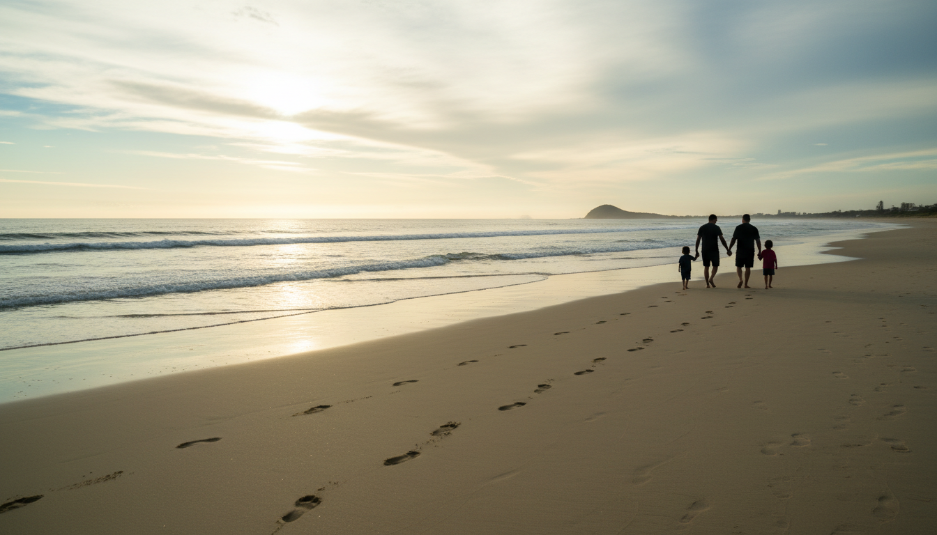 Empty Gold Coast beach at sunrise, golden light on the water, a single family in silhouette walking