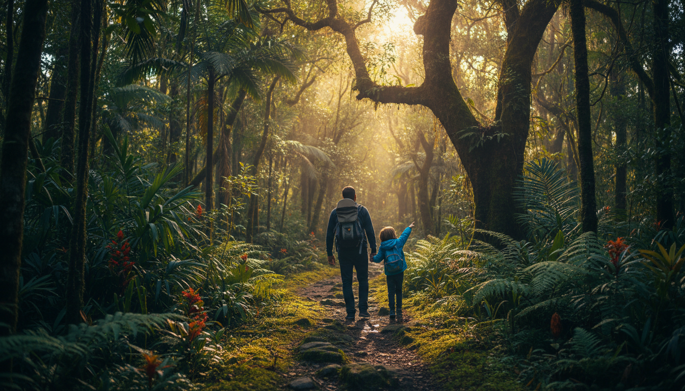 Family walking through lush green rainforest in the Gold Coast hinterland, dappled sunlight through