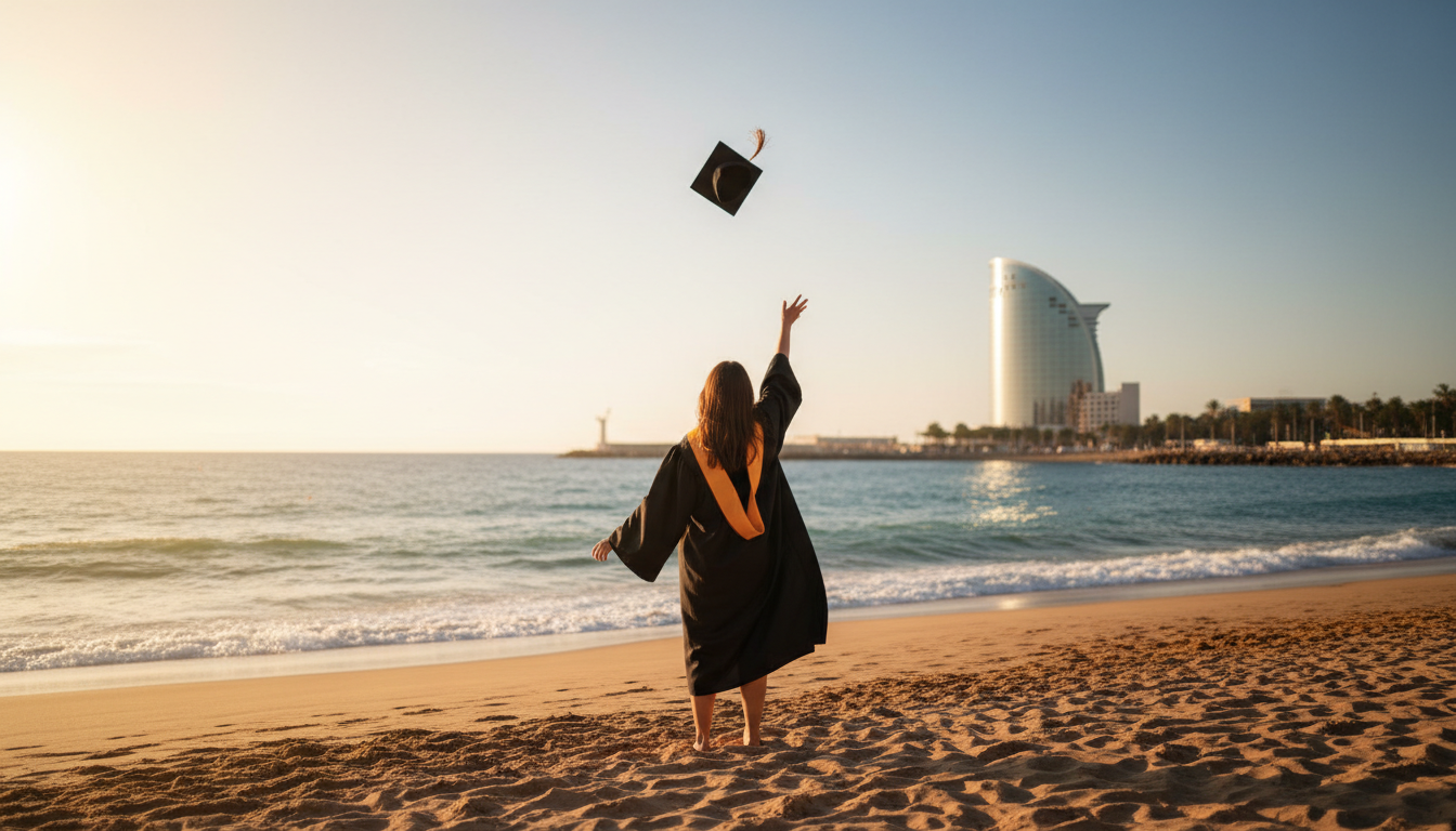 Graduate throwing cap in the air on Barcelonas Barceloneta Beach with the W Hotel and Mediterranean