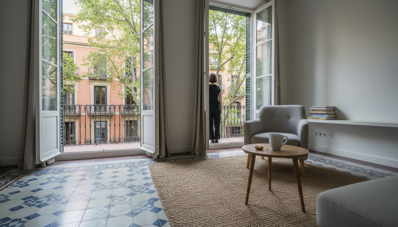 Cozy Barcelona apartment interior with tiled floors, balcony doors open to a leafy Eixample street,