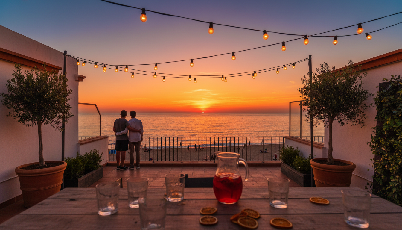 Sunset view from a Barceloneta rooftop terrace, Mediterranean Sea glowing orange, silhouettes of peo