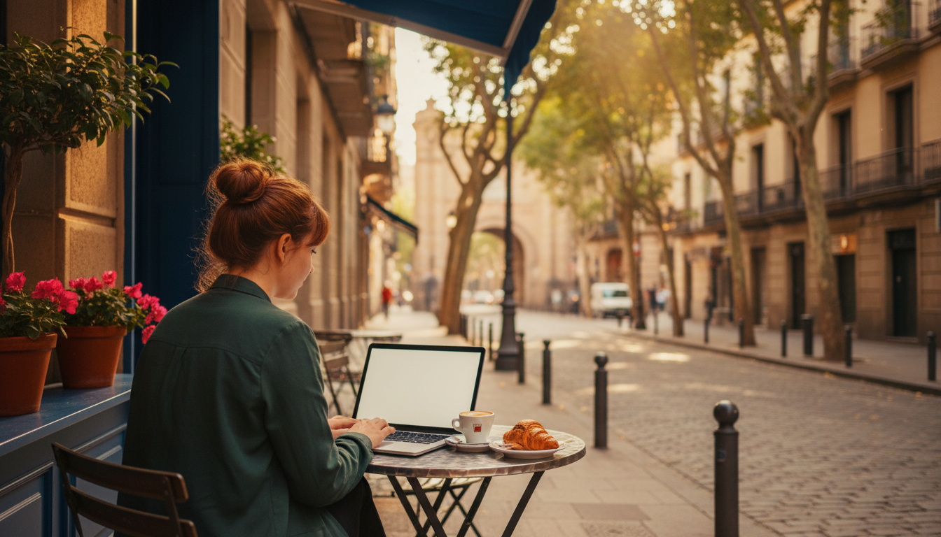 Young traveler sitting at a small caf table on a Barcelona side street, laptop open, cortado and cro