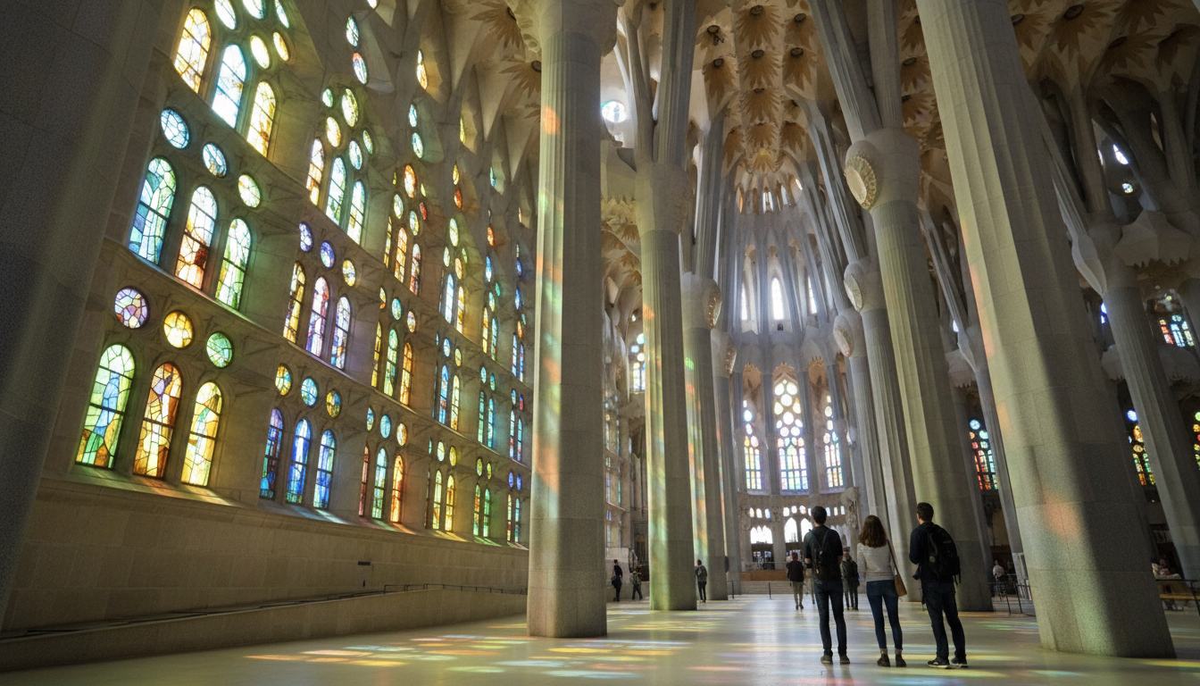 Interior of the Sagrada Familia with morning light streaming through stained glass windows, creating