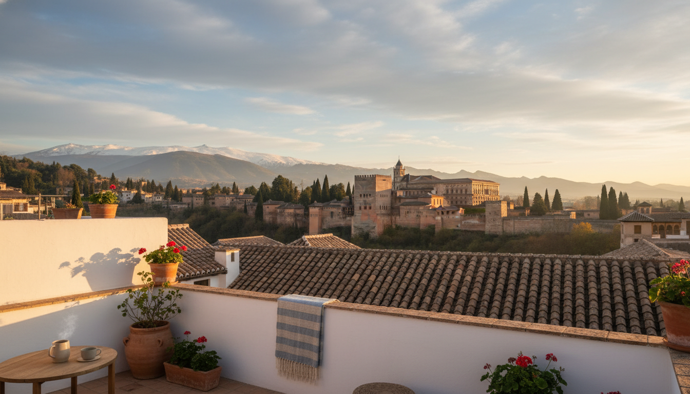 View of the Alhambra palace at sunrise from a traditional Albaicn home terrace, with terracotta roof