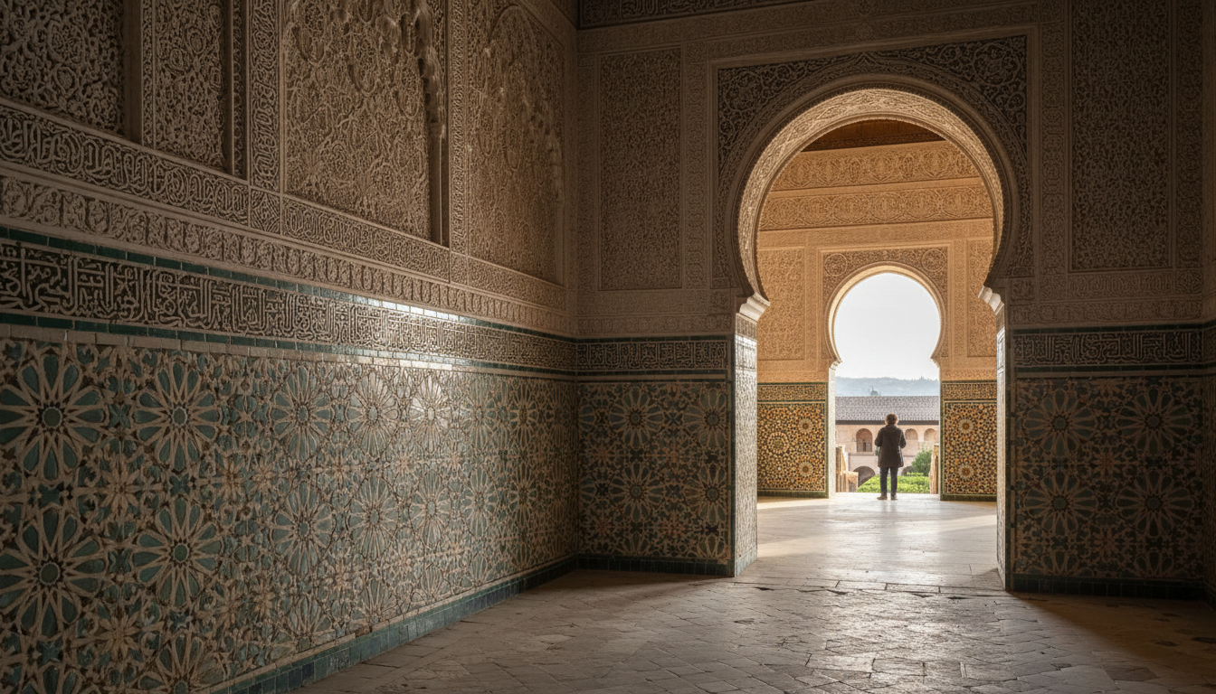 Intricate geometric tile work and carved stucco details inside the Nasrid Palaces, with afternoon li
