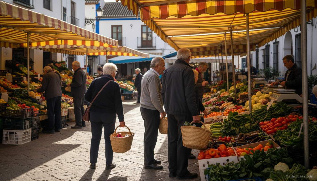 Morning market scene at Plaza Larga in the Albaicn, elderly locals shopping at vegetable stalls, wic