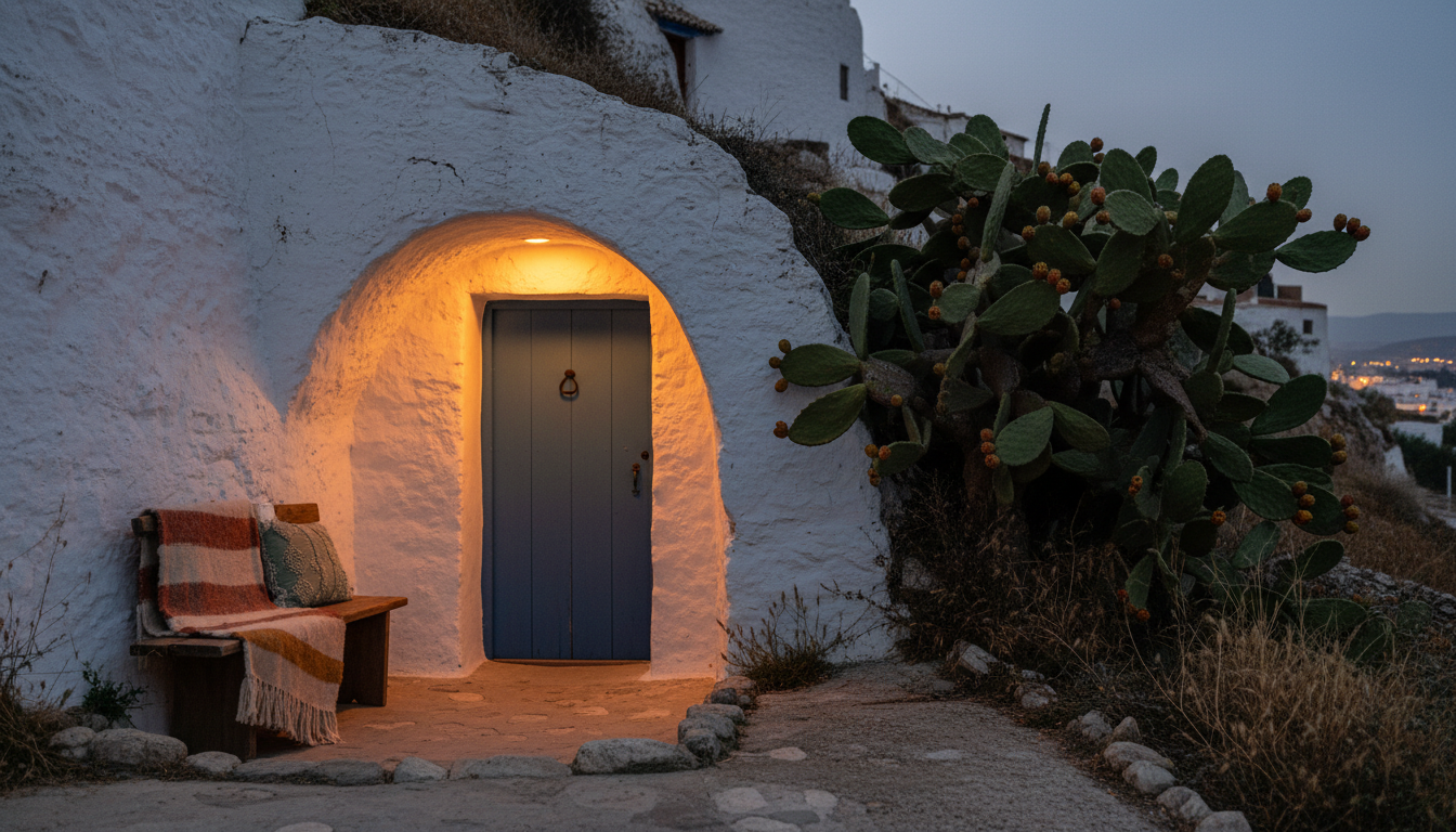 Whitewashed cave house entrance in Sacromonte at dusk, with prickly pear cacti, a wooden door painte