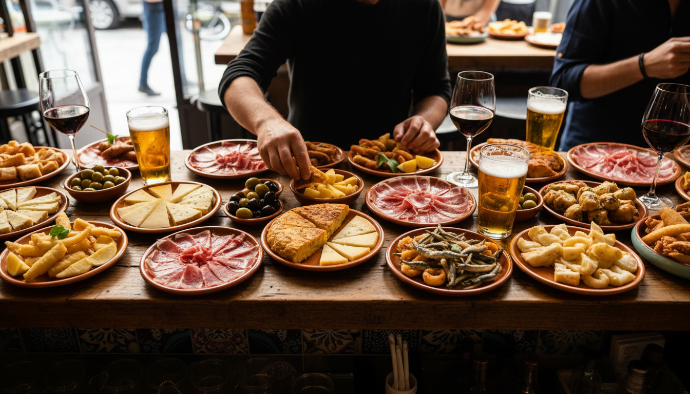 Overhead shot of a wooden bar counter covered with small plates of tapas - jamn, cheese, olives, fri