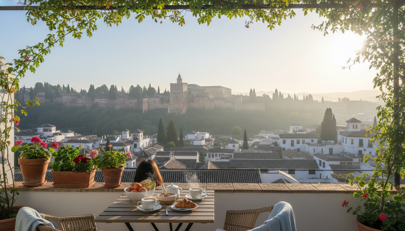 A sun-dappled terrace in Granadas Albaicn neighborhood with a small breakfast table, potted geranium