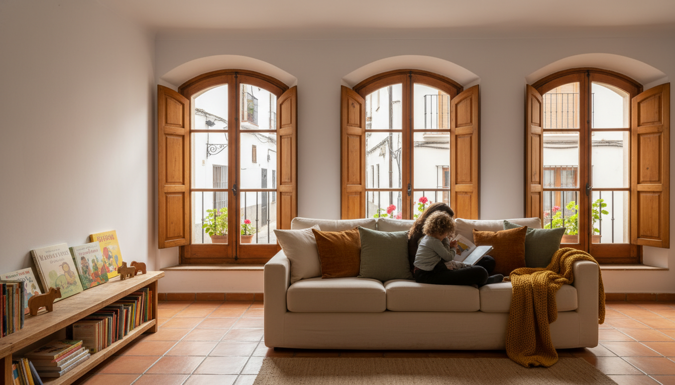 A cozy Granada apartment living room with terracotta tiles, a comfortable sofa with colorful cushion