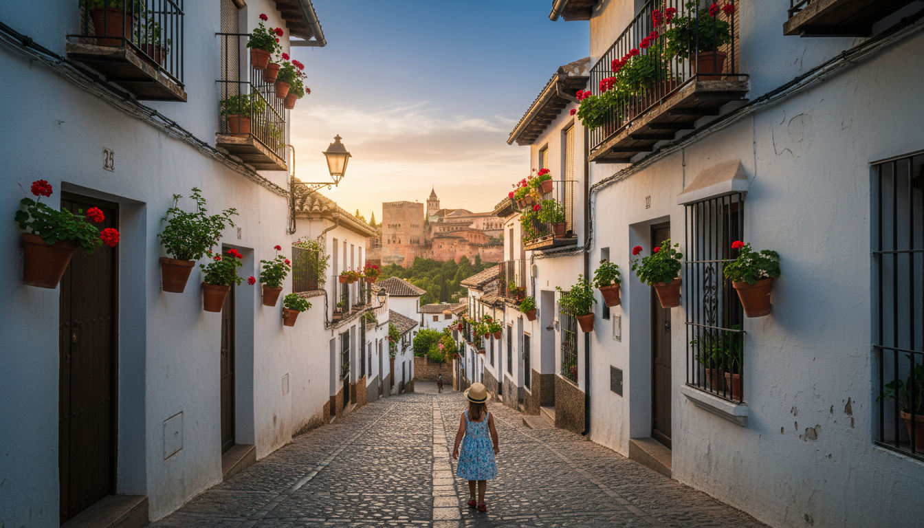 A narrow cobblestone street in Granadas Albaicn neighborhood with white-washed buildings, potted pla