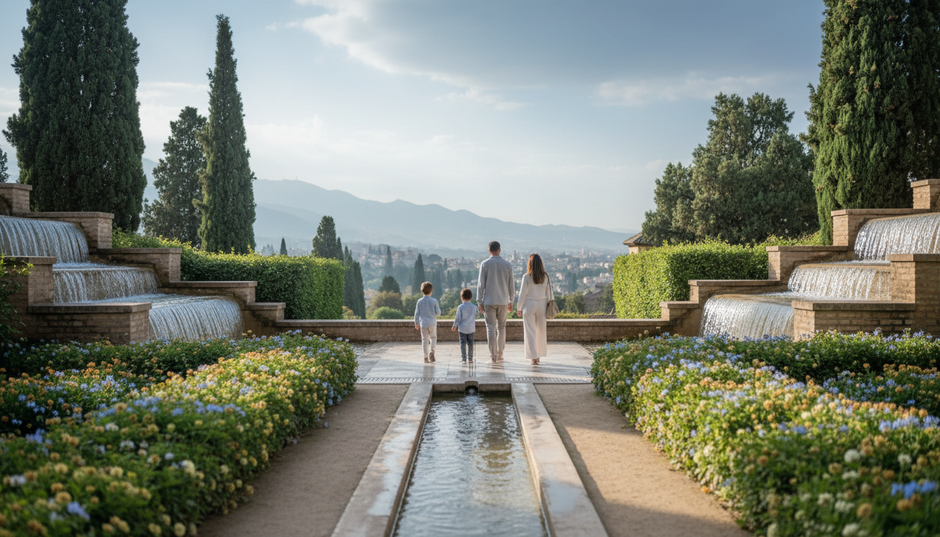 The Generalife gardens at the Alhambra with cascading water features, cypress trees, and a family wa