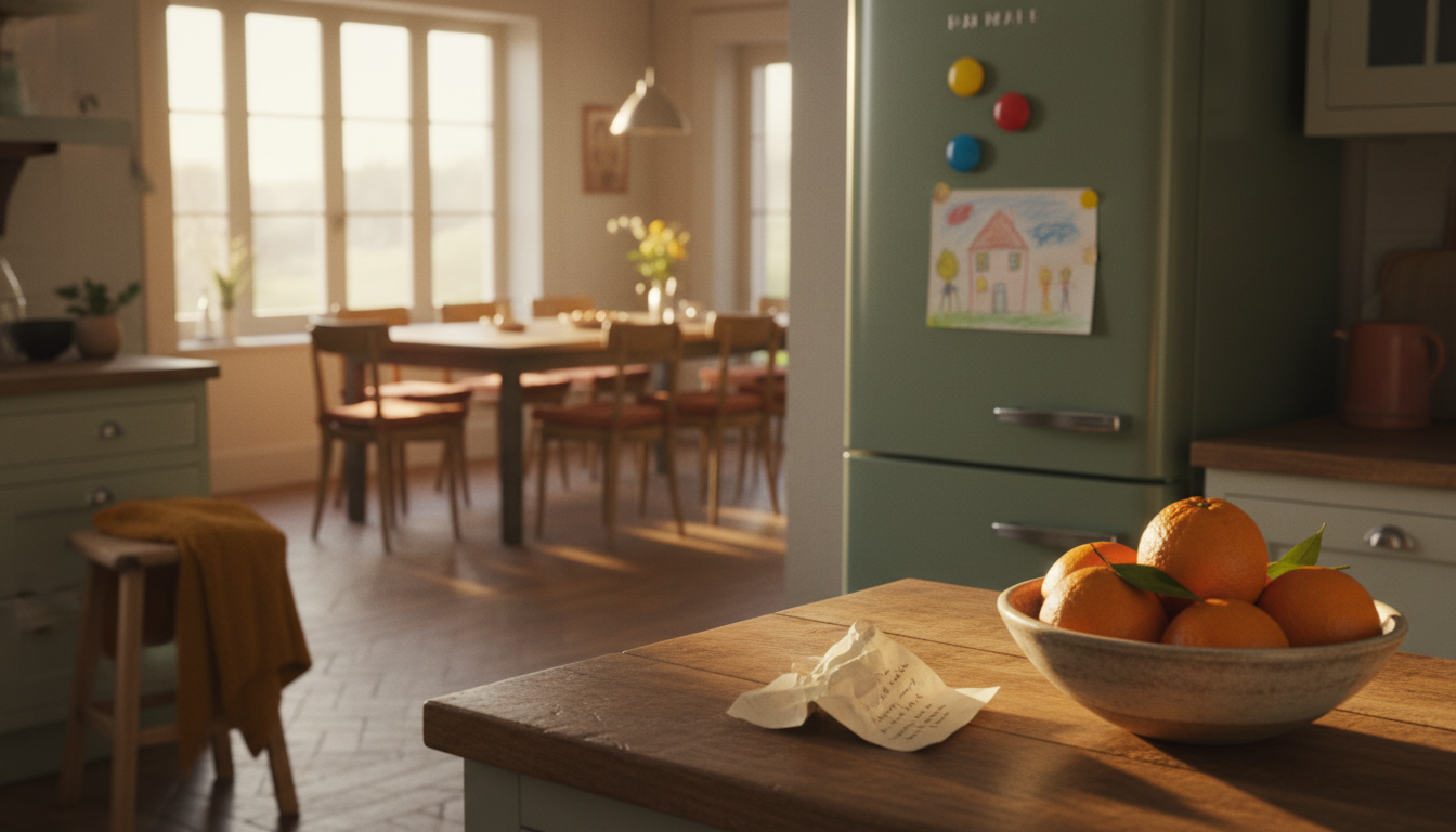 A warm kitchen scene with a handwritten note on the counter, a bowl of local oranges, and a children
