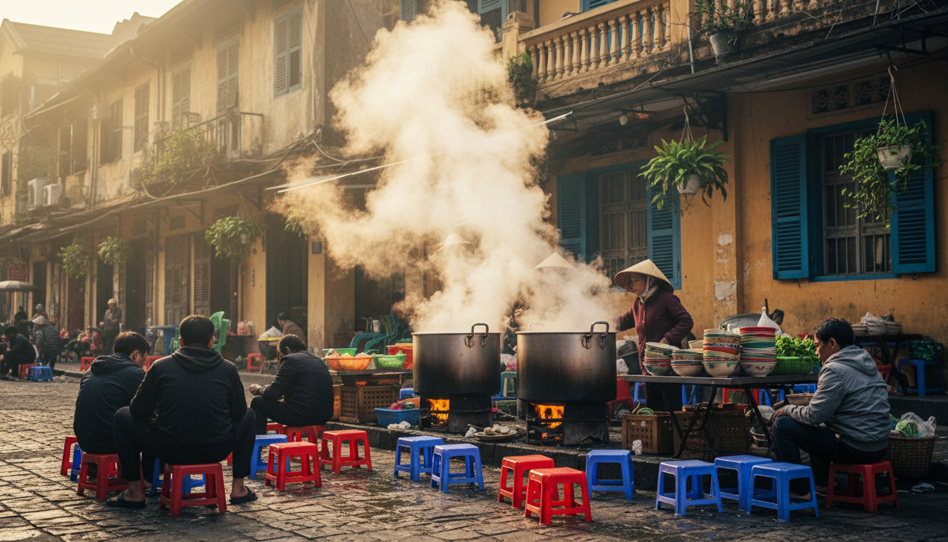Early morning street food stall in Hanois Old Quarter with steam rising from giant ph pots, plastic