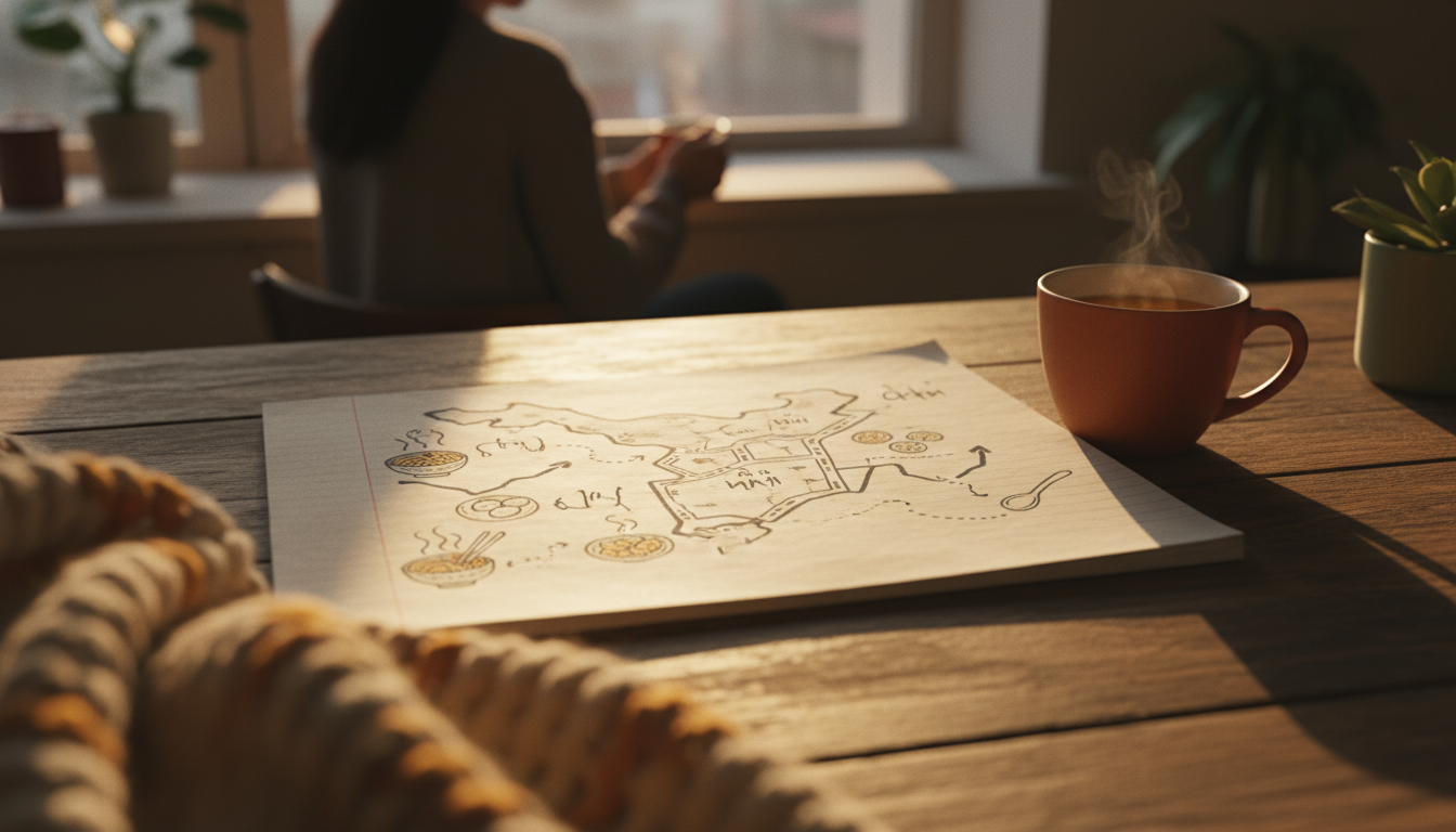 Hand-drawn map on notebook paper with Vietnamese annotations, marking local food spots with small sk