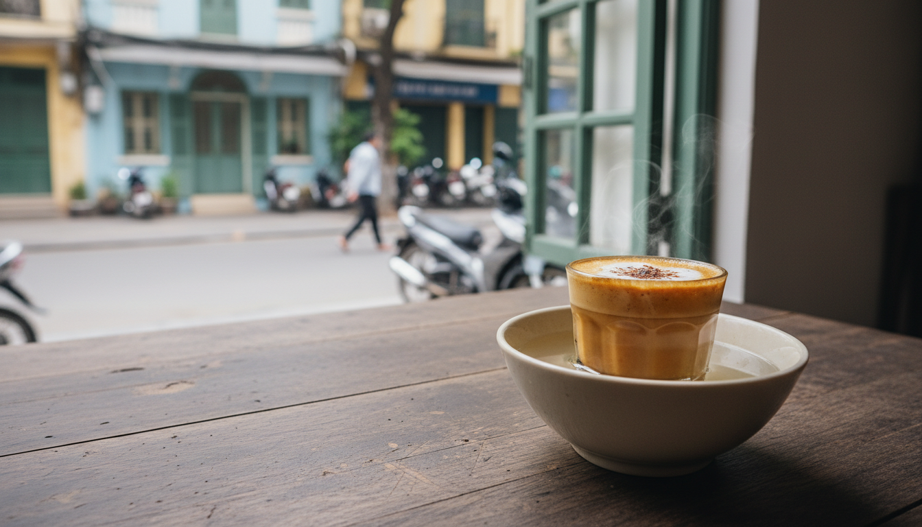 Vietnamese egg coffee in a small glass cup sitting in a bowl of hot water, served on a worn wooden t