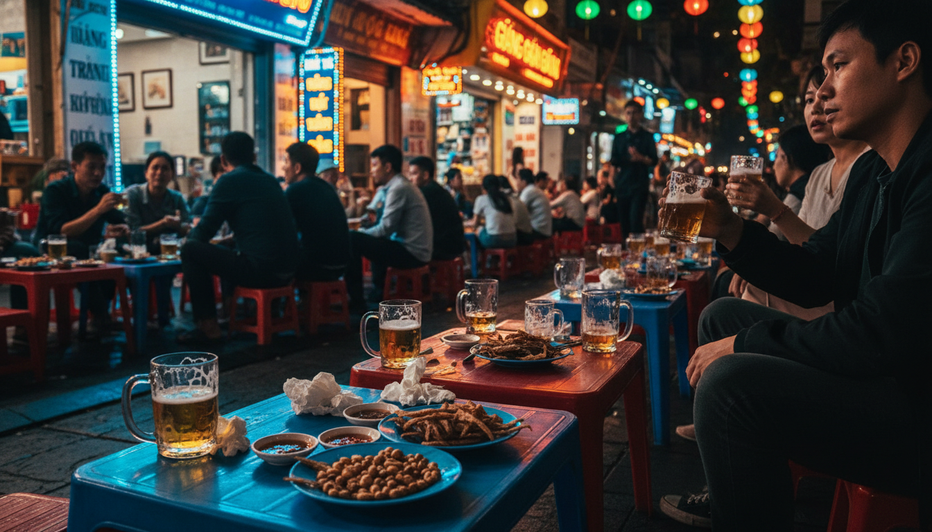 Evening bia hi scene in Hanoi with low plastic tables, locals drinking fresh beer, plates of peanuts