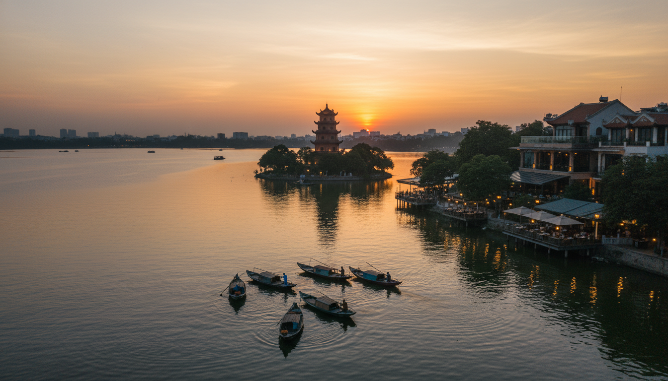 Aerial view of West Lake at sunset with small fishing boats, the Trn Quc Pagoda visible, and lakesid