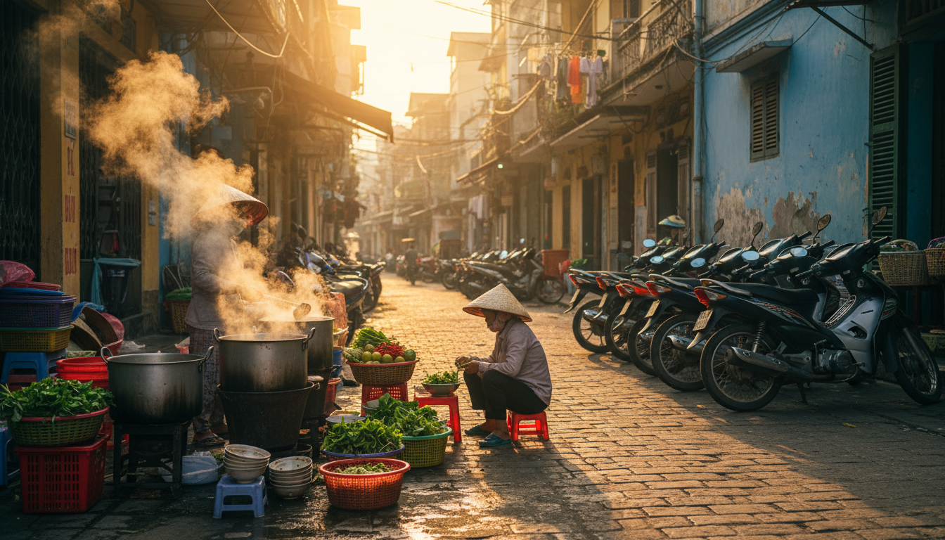 Early morning street scene in Hanois Old Quarter with vendors setting up food stalls, steam rising f