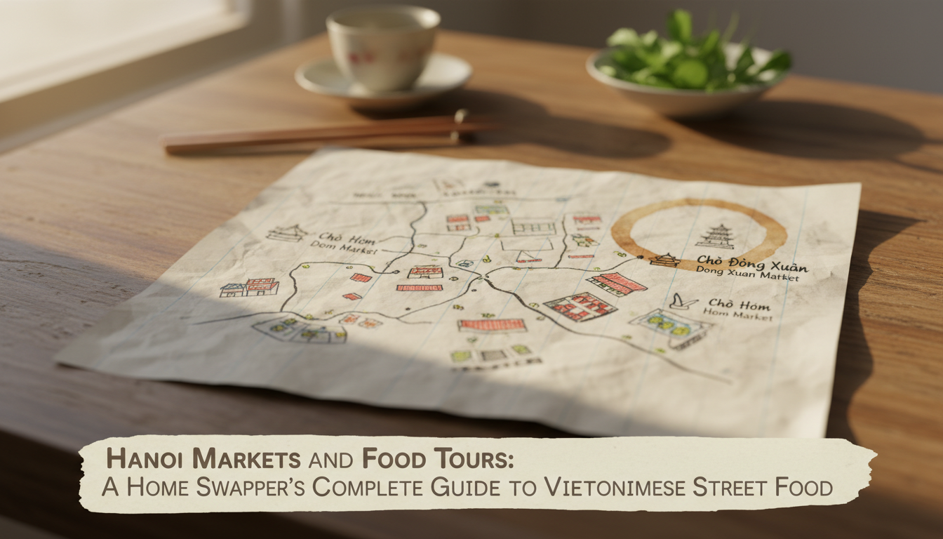 Hand-drawn map on Vietnamese receipt paper showing neighborhood market locations with annotations in