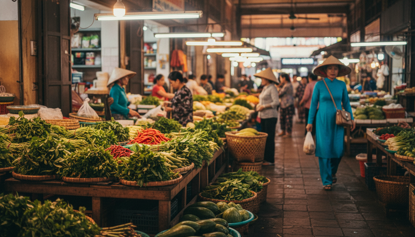 Interior of Ch Hm market showing Vietnamese women shopping at produce stalls, piles of fresh herbs a