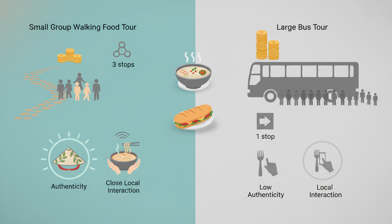 Comparison infographic showing small group walking food tour vs large bus tour - price per person, n