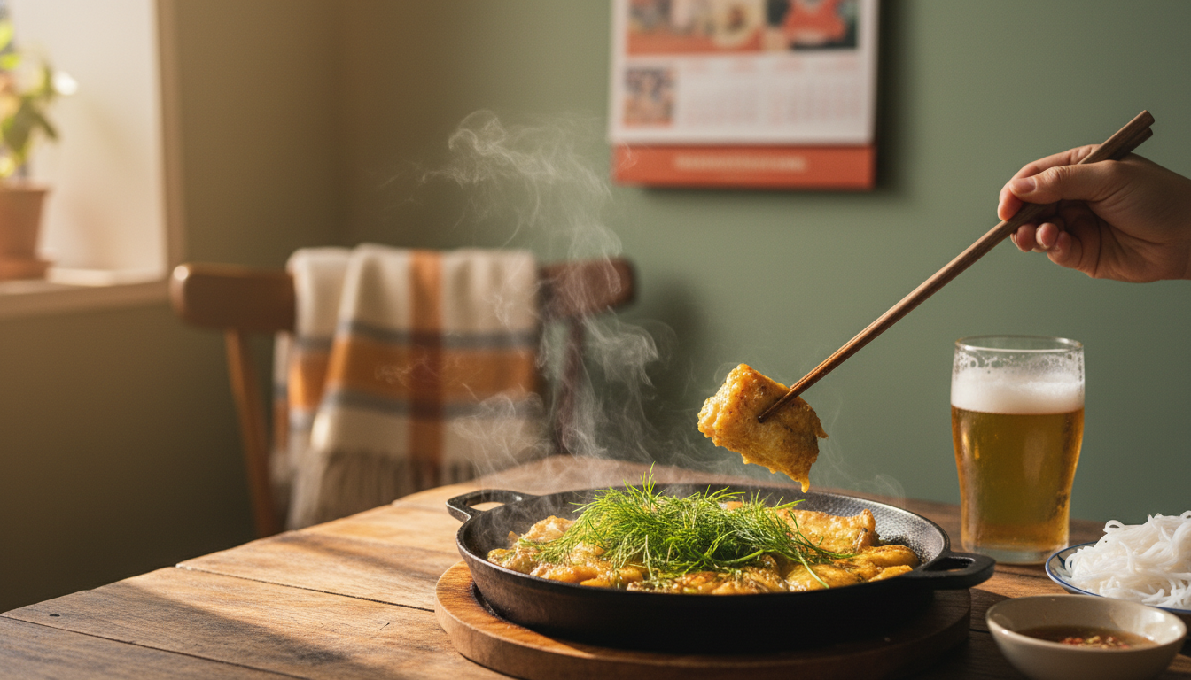 Sizzling ch c in cast iron pan with fresh dill and turmeric, chopsticks hovering, beer in background