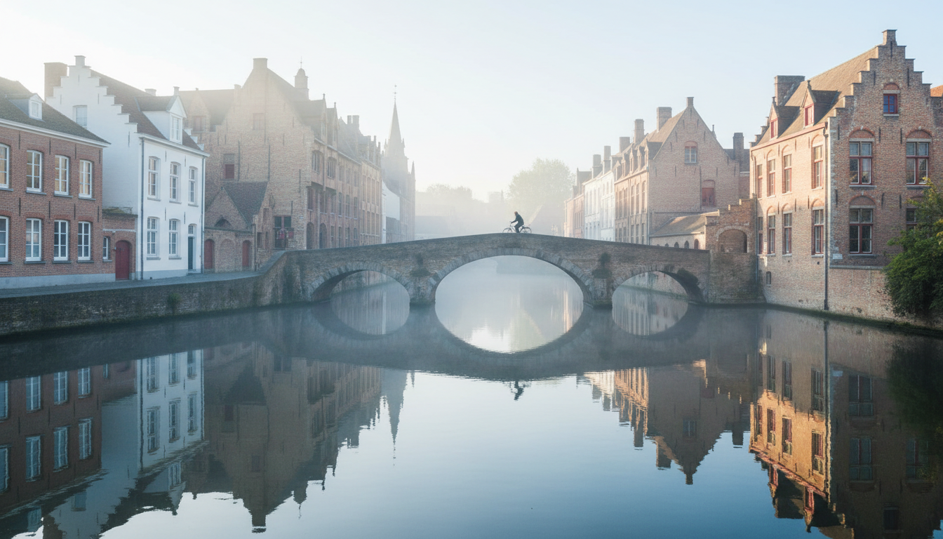 Early morning mist rising over a quiet canal in Sint-Anna, Bruges, with a lone cyclist crossing a st