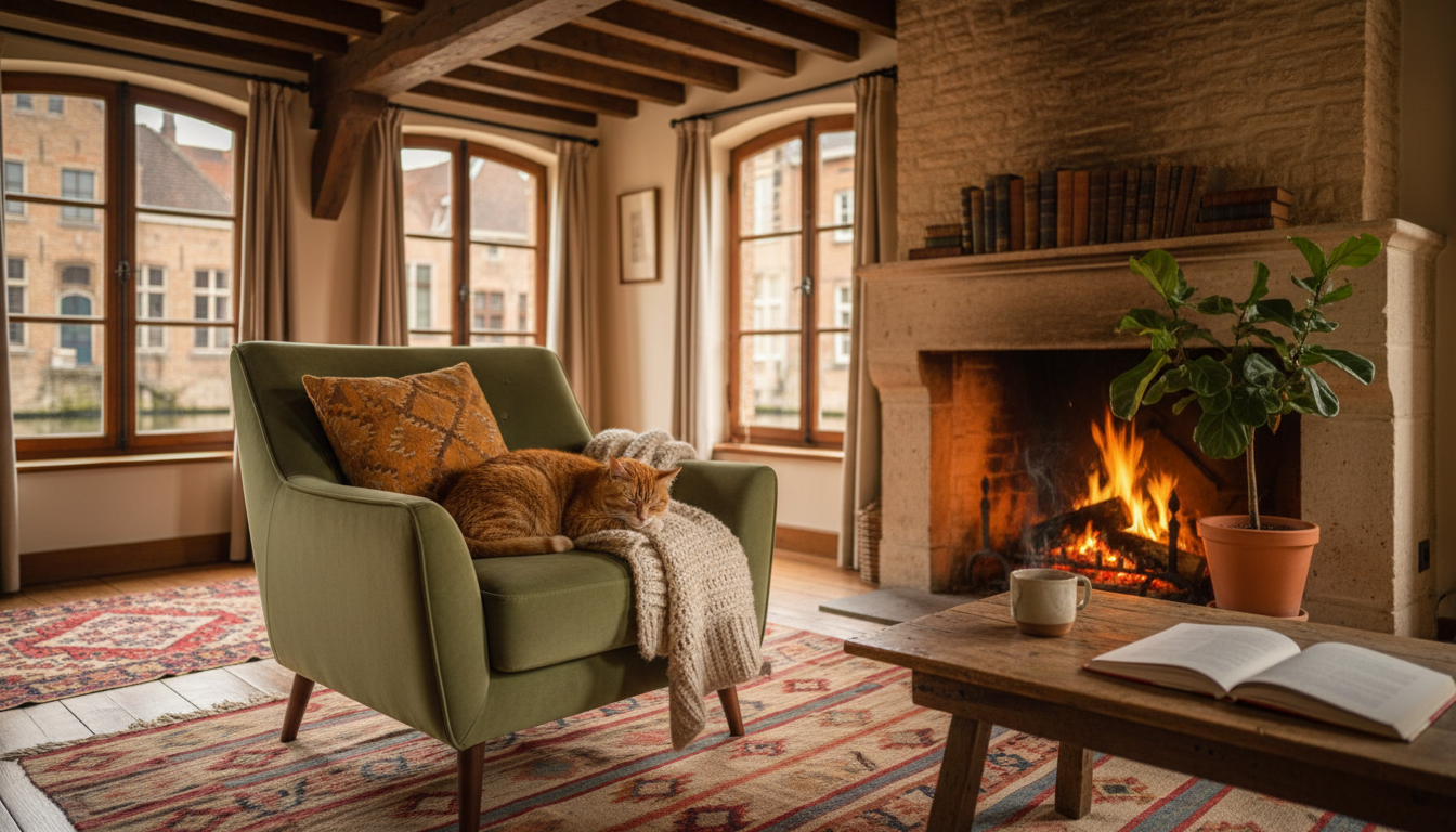 A cozy living room inside a traditional Bruges townhouse with exposed wooden beams, a fireplace, tal